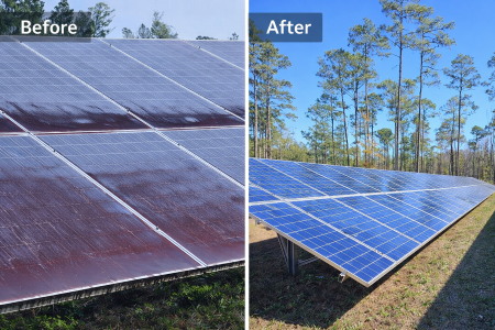 Before and after utility scale solar panel cleaning